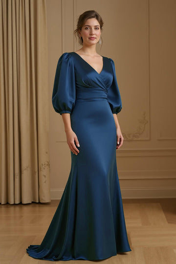 Mermaid Satin V Neck Navy Wedding Guest Dress with 3/4 Sleeves